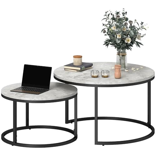 Image of HOMCOM Round Coffee Table Set of 2, Nesting Tables with Steel Frame for Living Room, Bedroom, Home Office, 78.5 x 78.5 x 46.5 cm, Marble Grey