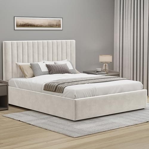 Image of Blisswood Upholstered Ottoman King Size Bed Frame 5ft, Velvet Fabric Bed Frame With Storage, Ottoman Storage Bed With Gas Lift End Opening Wooden Slats, (Beige, King 5FT – No Mattress)