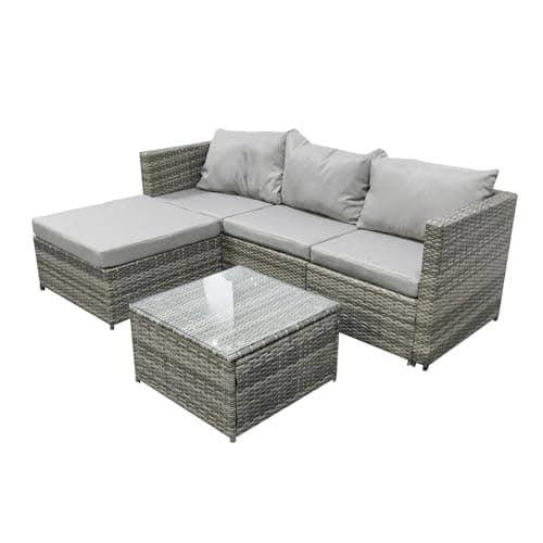 Image of COZYBRITE Garden Corner Sofa Rattan Furniture Set 4 Seater Patio Outdoor Lounge Settee with Glass Coffee Table All-weather SFS066 (Mix Grey Rattan+Grey Cushion)