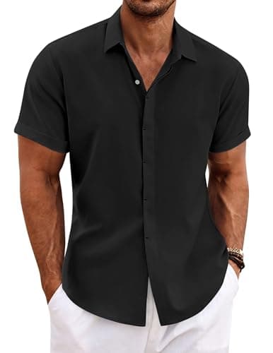Image of COOFANDY Mens Linen Summer Shirt Short Sleeve Cotton Lightweight Casual Beach Tshirts Black XXXL