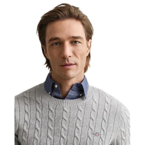 Image of GANT Mens Cable C Neck Evening Blue Sweater Grey Melange L