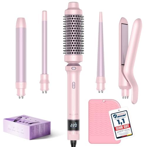 Image of BESTOPE PRO 5 in 1 Hair Curling Wand, Hair Curler Set with Thermal Brush and Hair Straightener, 13 Temps Control for All Hair Lengths, with Heat Resistant Mat, Glove, Clip, Pink