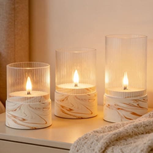 Image of Fanna 3 Battery Operated Glass Candles with Timer Function in Marble Texture, Flameless LED Candles for Home Decor and Table Centerpieces, Brown and White Design - H 10cm / 12.5cm / 15cm