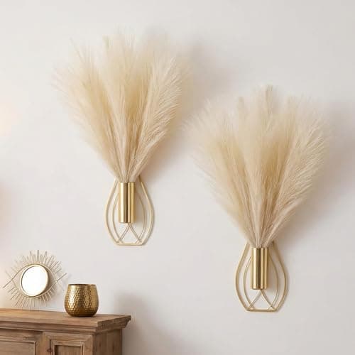 Image of Otoolling 2 Pieces Hanging Plant Wall Decor with Artificial Pampas Grass Metal Hanging Vase Modern Geometric Farmhouse Bohemian Wall Art for Living Room Bedroom Kitchen Bathroom Office(Gold, Beige)