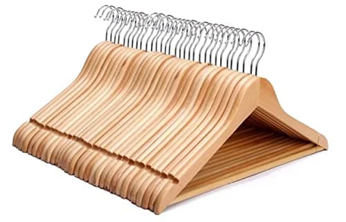 Image of KEPLIN Strong Walnut Wood Wooden Coat Hangers with 360 Degree Rotatory Hook & Round Trouser Bar & Shoulder Notches - Durable Wardrobe Space Saver (Natural, 30 Pack)