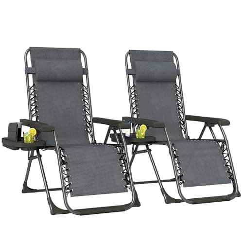Image of Outsunny Zero Gravity Chairs Set of 2, Folding Adjustable Sunloungers Garden Recliners with Cup Holder and Headrest, Reclining Garden Chairs for Patio, Beach, Terrace, Camping, Dark Grey