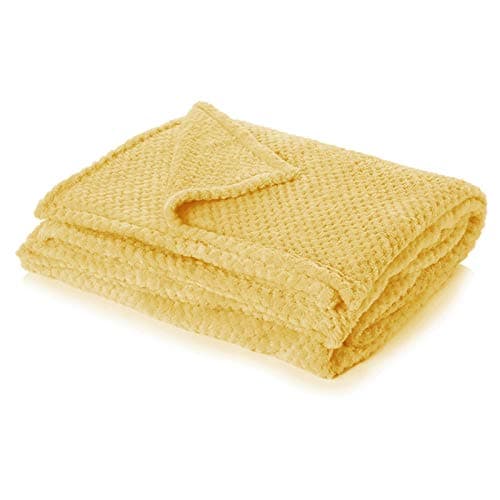 Image of Dreamscene Fleece Blanket Throws for Sofas, Soft Cosy Warm Honeycomb Waffle Throw Blanket for Bed Settee Faux Fur Throws Fluffy Single Bed Throw, Mustard Yellow - 125 x 150cm