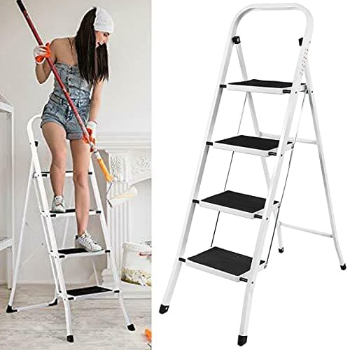 Image of 4 Step Steel Ladder, Portable Foldable 4 Step Steel Ladder Non Slip Tread Stepladder Safety Folding Heavy Duty Step Stool, Easy to Store, ideal for Home/Kitchen/Garage 150KG Max Capacity