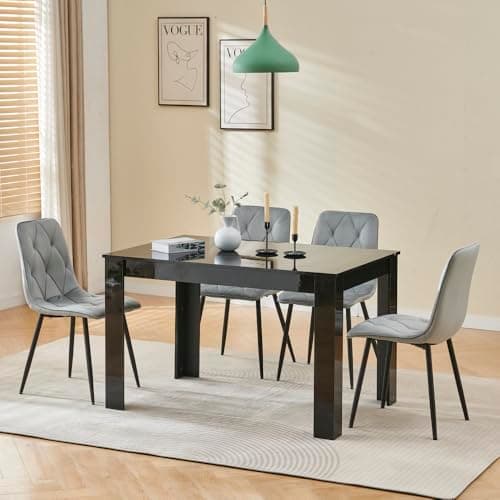 Image of Menaka Modern Wooden Dining Room Table and Chairs Set of 4 for Small Space, 5 Pieces Rectangular Kitchen Table with 4 Chairs (120 black table with argyle grey velvet chairs#2)