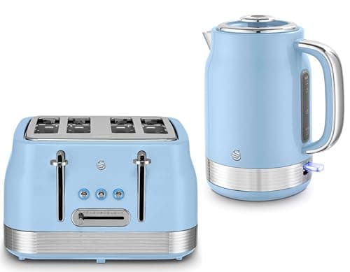 Image of Swan Retro Revive Blue 1.7L 3KW Jug Kettle & 4 Slice Toaster. Matching Retro Design Kettle & Toaster Set in Blue with Chrome Accents