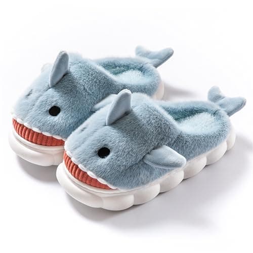 Image of dressfan 3D Shark Slippers,Plush Animal Cartoon Cute Non-slip Silent Thick&Soft Sole Warm Winter Slippers for Women Girl,Light Blue,UK 6-7.5