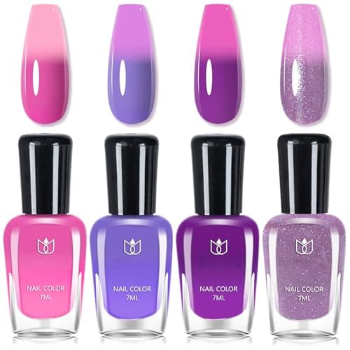 Image of Colour Changing Varnish Sets - 60 Seconds Nail Polish Quick Dry - 4PCS Temperature Thermal nail polish Set - No Bake UV Pink Purple Blue Nail Varnish - Breathable & Non Chip Long Lasting for Women