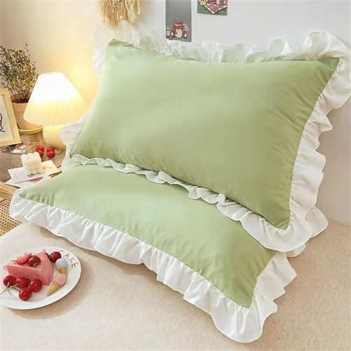 Image of LLECDASEUI 1/2 Pair Vintage French Pillowcases with Ruffles - 29"X18" White Shabby Chic Pillow Shams, Country Girl Pillow Cover (Green,2 Pair)