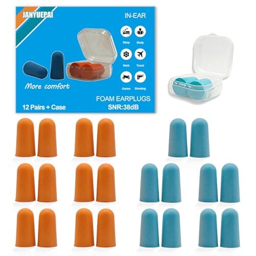 Image of 12 Pairs Foam Ear Plugs, 38dB SNR Noise Cancelling, Transparent Case, Blue & Orange Earplugs for Sleep, Travel, Work & Concerts