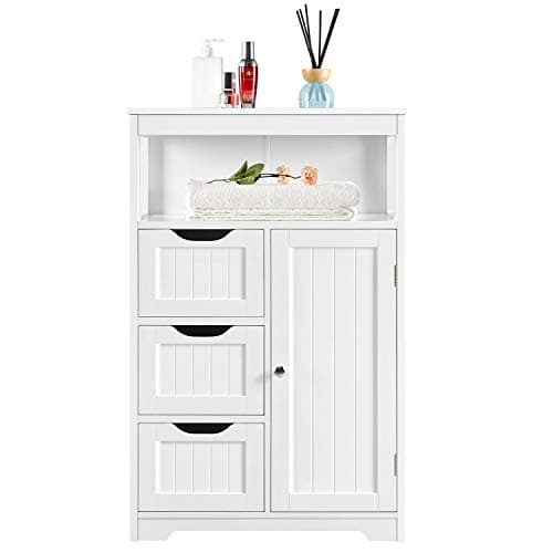 Image of Yaheetech Bathroom Storage Units with Open Storage Shelf Free-standing Floor Cabinets Sideboard with 3 Drawers and 1 Door, Adjustable Shelf for Living Room Kitchen Entryway White