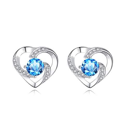 Image of wynn's Silver Stud Earrings for Women, 925 Sterling Silver Heart Studs Earrings,13mm Stud Earring with Blue Cubic Zirconia, Hypoallergenic Small Slepper Studs