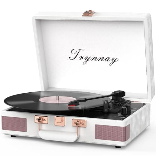 Image of Trynnay Record Player 3 Speed Bluetooth Portable Suitcase Vinyl Player with Built-in Speakers Turntable Enhanced Audio Sound Waxed Leather Vintage White