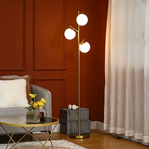 Image of HOMCOM 3-Light Tree Floor Lamps for Living Room, Modern Standing Lamp for Bedroom with Globe Lampshade, Steel Base, Bulb not Included, Gold Tone