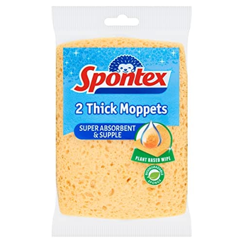 Image of Spontex 2 Thick Sponge Moppets | 16 x 12cm | Super Absorbent & Supple Plant-Based Cleaning Sponges