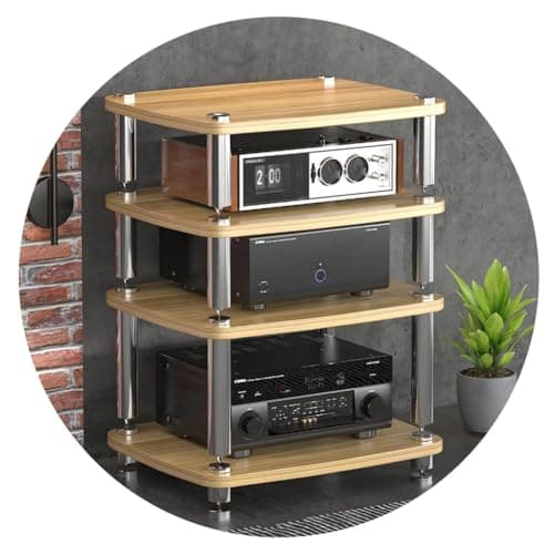 Image of MollyYou 4-Tier HiFi Audio Cabinet, Rustic Wooden Finish, Heavy Duty, 60cm x 48cm x 76cm