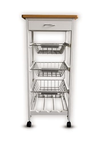 Image of White Wooden 2 & 3 Tier Rolling Kitchen Trolley Basket Organiser Cabinet Cart (3 Basket + 1 Wine Rack)