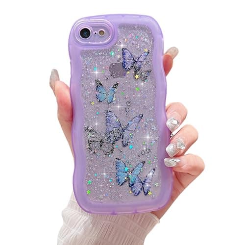 Image of ZTUOK Compatible with iPhone 6/6S Case for Girls Women,Cute Clear Sparkly Bling Star Butterfly Pattern Curly Simple Wave Case Shockproof Protective Slim Soft TPU Glitter Cover for iPhone 6/6s-Purple