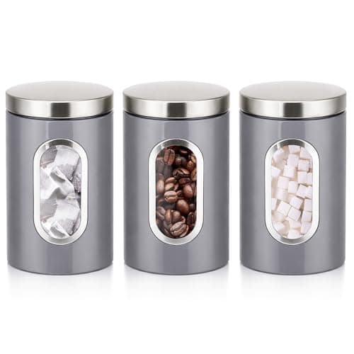 Image of Innoteck 3-Piece Kitchen Canister Set, Stainless Steel Storage Jars with Secure Lids & Viewing Window, Ideal for Tea, Coffee, Sugar & Dry Foods - Grey