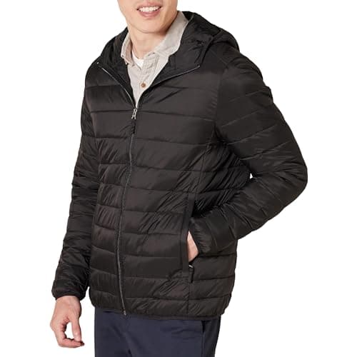 Image of Amazon Essentials Men's Lightweight Water-Resistant Packable Hooded Puffer Jacket, Black, M