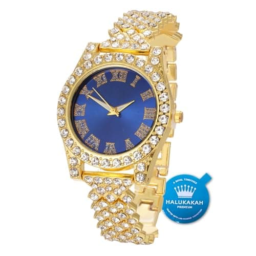 Image of HALUKAKAH Diamonds Gold Watch Iced Out, Kid's 18K Real Gold Plated 36MM Width Blue Dial Quartz Wristband 20cm, Free Giftbox