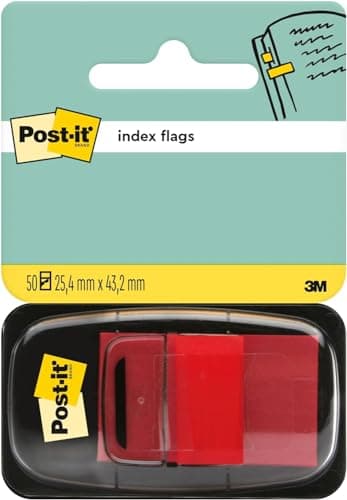 Image of Post-it Index Flags, Medium, Red, 1 Dispenser 25.4 mm x 43.2 mm, 50 Flags - to Mark, Highlight or Color Code Important Information
