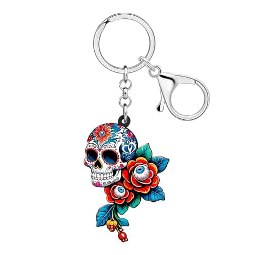Image of DALANE Acrylic Spooky Day of the Dead Sugar Skull Keychain Keys Keyring Gothic Mexican Halloween Gifts for Women Accessories (Floral)
