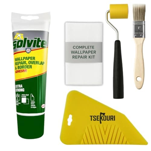 Image of Solvite Wallpaper Repair Kit: Overlap & Border Adhesive (240g) with Tsekouri Roller & Bristle Brush for Seamless Wall Covering, Easy DIY Glue & Tools