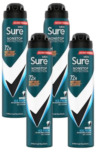 Image of Sure Men Invisible Ice Fresh Nonstop Protection leaves no white marks or yellow stains on clothes Anti-perspirant Deodorant Aerosol 72h protection, 250ml (Packing May Vary) (Pack of 4)