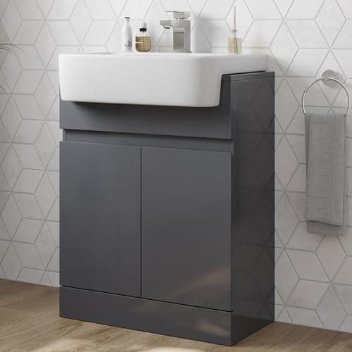 Image of Artis Grey Gloss Freestanding Vanity Unit with Semi Recessed Basin - 600mm