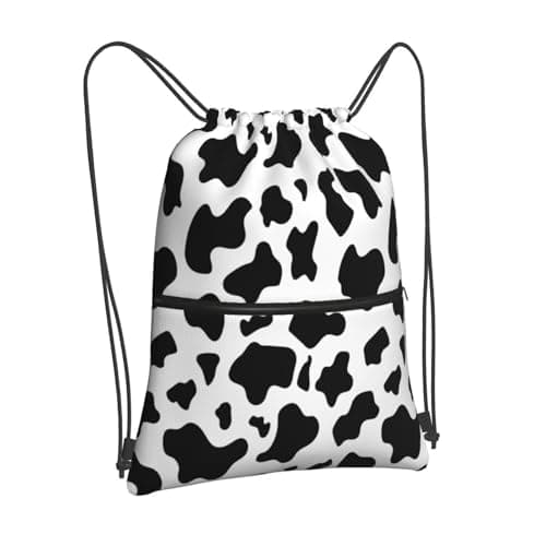 Image of Newhomestyle Cow Print Drawstring Backpack, Black White Waterproof Drawstring Bag, Large Capacity Durable String Sackpack, Cinch Sackpack for Yoga Sport Beach Gym Shopping