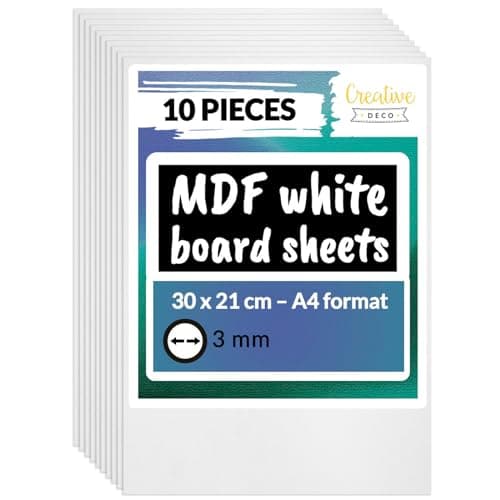 Image of Creative Deco 10 x A4 MDF Board Sheet White | 300 x 210 x 3mm Wood | Wooden Blank for Drawing, Home Decor, Art and Craft, Painting, DIY Projects, Laser Cutter, CNC Cutting, Stenciling Pyrography