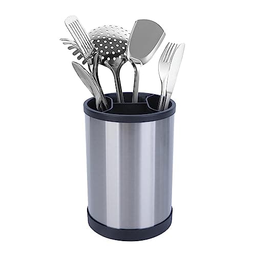 Image of Iceten Rotating Black Utensil Holder, Large Retro Cylindrical Cutlery Holder with Non-Slip Base Stainless Steel Kitchen Utensils Holder Large Capacity Spoon Holder Utensil Pot(Silver & Black )
