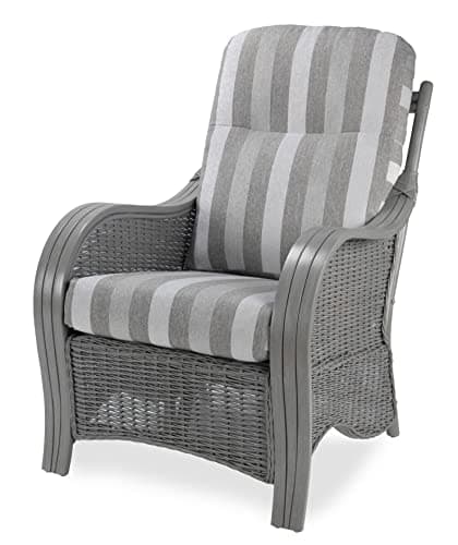 Image of Desser Turin Grey Rattan Conservatory Chair – Fully Assembled Armchair in Aquaclean Duke Grey Stripe Fabric – Indoor Wicker Rattan with UK Made Cushions - H101cm x W74cm x D88cm