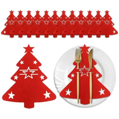 Image of Noviatrix 12 Pieces Christmas Cutlery Holders, Red Christmas Cutlery Holders for Tables Table Decoration Felt Table Decoration Suitable for Table Party Decorations