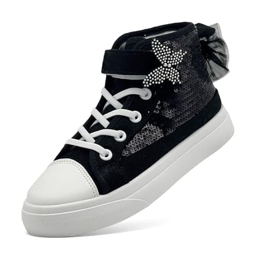 Image of sharllen Girls Trainers Kids High Top Canvas Shoes Glitter Sequins Bowknot Pumps Easy Fasten Lightweight Casual Sneakers(Black 213)