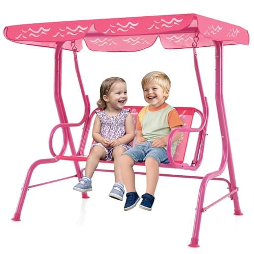 Image of Maxmass 2 Seater Kids Swing Chair, Children Swing Seat with Adjustable Canopy, Safety Belts, Non-slip Foot Pads, Outdoor Toddler Swinging Bench for Patio Garden Porch Yard Park (Pink)