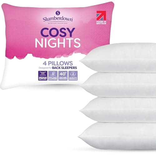 Image of Slumberdown Cosy Nights Bed Pillows 4 Pack Non-Allergenic Medium Support Back & Side Sleeper Pillow - Soft Touch Breathable Cover, Made in the UK & Washable, Packaging May Vary (48 x 74cm)