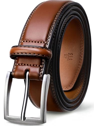 Image of GSG Mens Leather Belts Double Stitched Belts for Jeans, Suits, Work, Uniform with Single Prong Buckle Brown 38-42 inch