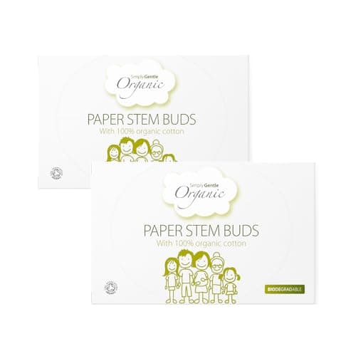 Image of Simply Gentle Organic, Cotton Buds - 100% Organic Cotton & FSC Paper Stems - for Cleaning Delicate Areas around Eyes & Outer Ears - Eco Friendly & Biodegradable - 200 Buds (Pack of 2)