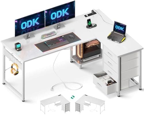 Image of ODK Corner Desk with Drawers, Reversible L Shaped Computer Desk with Power Outlet, Office Desks with USB Charging Port and Host Stand for Home Office White, 135×100cm