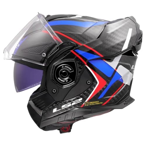 Image of LS2 FF901 Advant X Carbon Black Modular 180° Flip Front Dual Visor Full Face Motorbike Helmet Sport. ECE 22.06 Certified. Pinlock and Backpack Carry Bag - FUTURE II - WHITE BLUE RED - XL