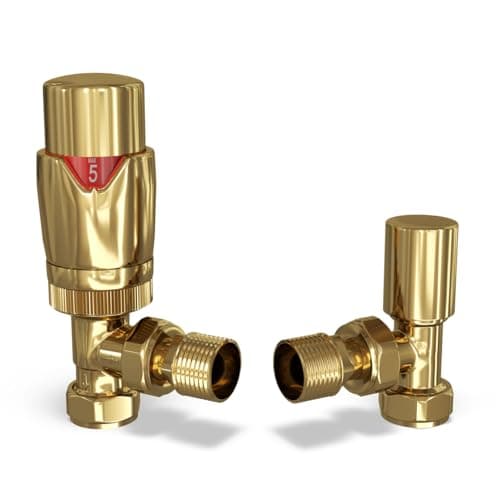 Image of UK Radiators Thermostatic Radiator Valve (TRV) - 15mm Angled Lockshield - Polished Brass/Gold Colour - Energy Saving 1/2" x 15mm Brass Angled Valve,(TRV-P2-PBA)