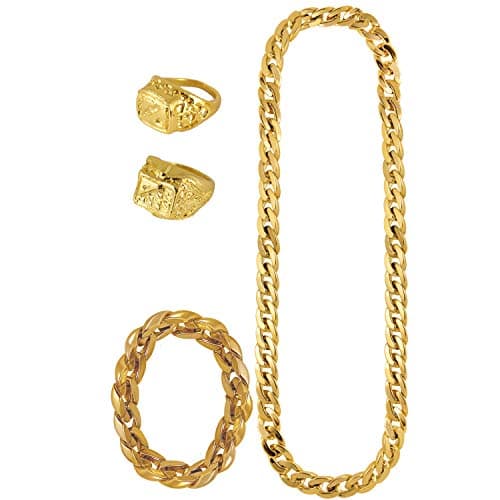 Image of Lizzy | Adult Gangster Chain and Bracelet Set, Gold, One Size | 81cm Chain, 31cm Bracelet, 2 Gold Rings | For Fancy Dress, Halloween Costume Accessories