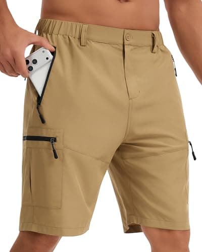 Image of YUTYTH Mens Cargo Shorts with 5 Zip Pockets, Waterproof Quick Dry Hiking Shorts, Lightweight Mens Summer Shorts for Walking Golf Camping Fishing Khaki