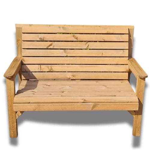 Image of Wooden Garden Bench 2 Seater - Outdoor Patio Bench, Solid Scandinavian Redwood, Fully Assembled, Weather-Ready Base Coat, Made in UK, 1220 x 660 x 945 mm, Seat Height 440 mm